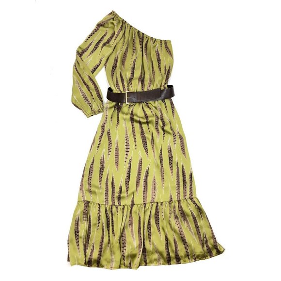 MICHAEL Michael Kors Yellow and Brown One-Shoulder Midi Dress - Picture 3 of 7